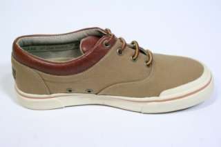 New H.S. TRASK Mens TROUT BUM Boat Shoes in Khaki Twill Canvas Leather 