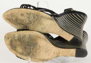 Kate Spade Black Braided Straps Slingback Striped Wooden Wedged Heels 