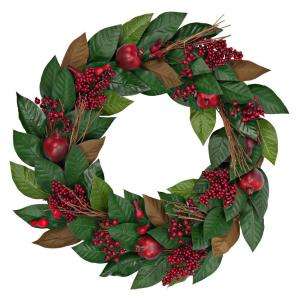   24 in. Magnolia Leaf Wreath with Red Berry and Pomegranate Accents
