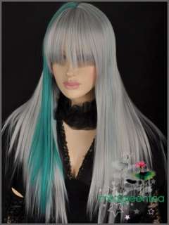 GW220 Punk Silver Mixed Green Long Straight Gothic Wig  