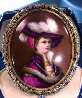 Biedermeier Porzellan Miniatur MALEREI  Renaissance Dame mit Hut 