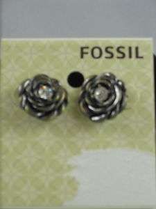 Fossil Brand Jet Rose Flower Rhinestone Stud Earrings  