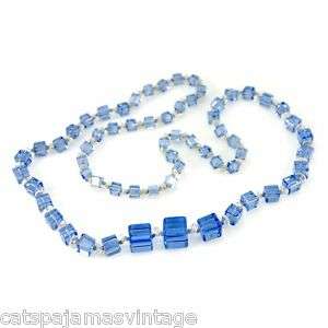 Vintage Chunky Blue Glass Square Beads Necklace 1920S  