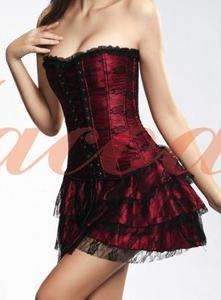 3PCS sexy red bustier boned Corset G string and nimi skirt SIZE M 