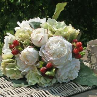 Rosen Hortensien Strauss mit Beeren Premium Seidenblumen 30cm  