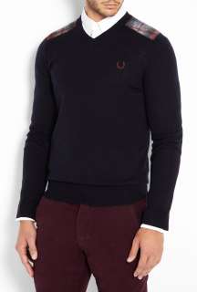 Fred Perry Laurel Wreath  Navy Tartan Needle Punch V Knit by Fred 