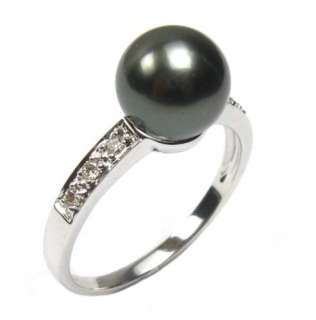 9mm Tahitian Black Pearl 2.0g 14K White Gold 0.08CT Diamond Ring 