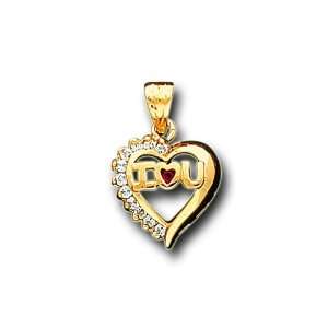  14K Yellow Gold Round CZ I Love You Heart Charm Pendant 
