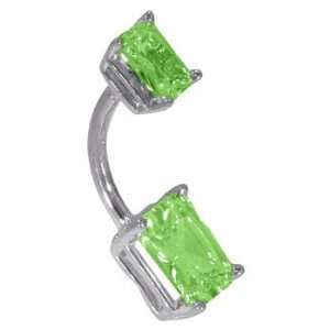 14G 3/8   Double Emerald Cut Emerald Solid 14K White Gold Belly Ring 