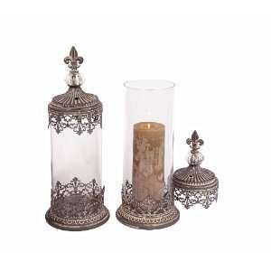  Glass and Metal Candle Holder with Lid 16 1/2 and 18 Inch Tall, Set 