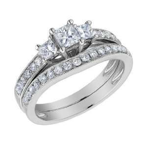 Three Stone Princess Cut Diamond Engagement Ring & Wedding Band Set 1 