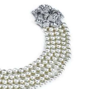   Pave Flower Clasp 5 Strand Pearl Necklace Kenneth Jay Lane Jewelry