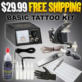NEW Basic Tattoo Starter Kit Set w/ Power Supply Machine Gun Black 