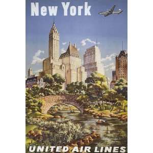 NEW YORK CITY TRAVEL AIRPLANE PLANE AIR LINES SMALL VINTAGE POSTER 