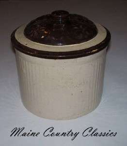 Antique RIBBED STONEWARE CROCK w/EMBOSSED LID Red Wing?  