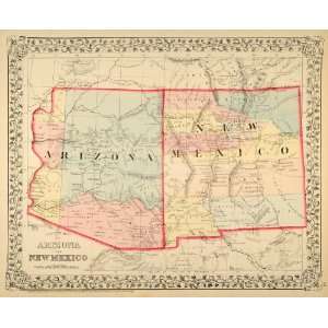  1872 Map Arizona New Mexico State Counties U.S. Antique 