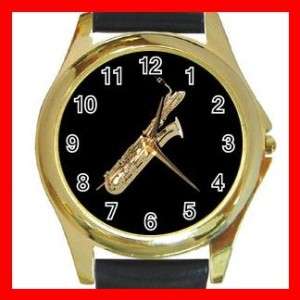Baritone Sax Saxophone Round Gold Metal Wrist Watch  
