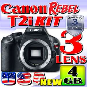 Canon EOS Rebel T2i 4GB 3 Lens Battery Kit & Warranty  