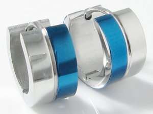 Stainless Steel Blue Huggie Hoop Mens Earrings 11T  
