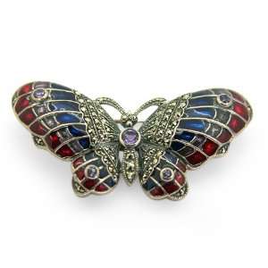   Sterling Silver Marcasite, Amethyst & Enamel Butterfly Brooch Jewelry