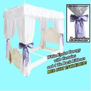 White Fantasy Eyelet Canopy & Curtains Lavender Ribbon Accents Twin 