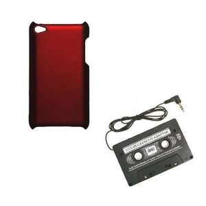 Red Rubber Hard Case + Cassette Audio Adapter for Apple iPod touch 4th 