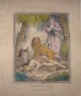 Disobedient Prophet Lion Hand Colored 1818 Bible Print  