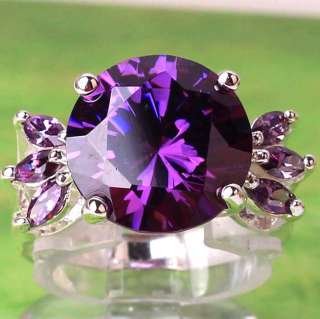   * Round Cut GENUINE Amethyst Gemstones Silver Ring Size 8  