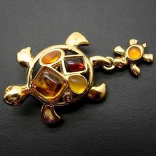 Designer Monet Mom & Baby Turtle Pin Brooch Gold Yellow Glass Stones 