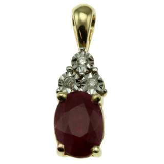 10k yellow gold oval red ruby and 3 diamond pendant  