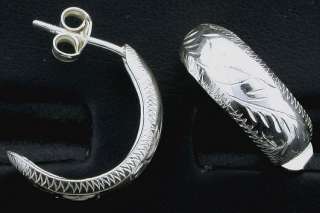 Engraved Open Hoop Pure Sterling Silver Stud Earrings  