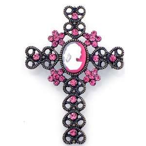   Austrian Crystal Rose Pink Cross Cameo Pin Brooch & Pendant Jewelry