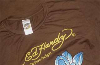 Hot ED HARDY brown LOTUS flower T SHIRT top M  