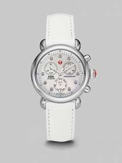Stainless Steel Diamond Marker Chronograph Watch/White Patent Leather 