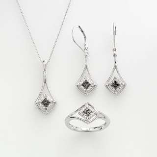   ct. T.W. Black and White Diamond Pendant, Ring and Drop Earring Set