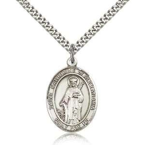   Silver 1in St Catherine of Alexandria Medal & 24in Chain Jewelry