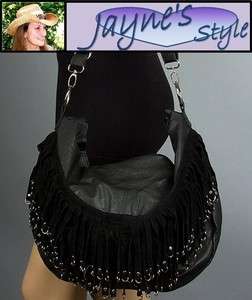   Western Fringe Purse Leatherette with Stylish Studs Handbag Black