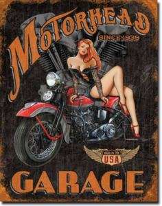 Motorhead Garage TIN SIGN pinup motorcycle vtg metal wall decor bar 