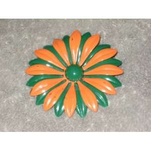   Orange & Green 2 1/2 Inch Flower Power Enamel Brooch Pin (unsigned