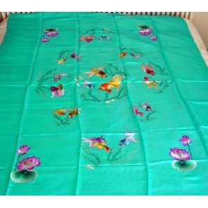    Chinese Silk Embroidery Bedspread Flower Fish Blue 