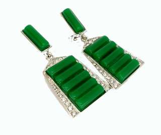 Kenneth Jay Lane Silver & Faux Jade Green Art Deco Style Earrings