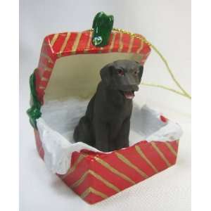  Chocolate Lab Figurine   Holiday Red and Gold Gift Box 