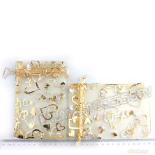 50x Golden Hearts Yellow Organza Pouch Gift Bags 11x16cm Wedding Favor 