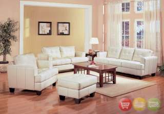 Samuel White Leather Sofa Love Seat Chair & Ottoman Contemporary 4 pc 
