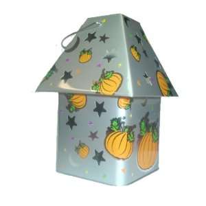 Halloween Tea Light Lantern Tin   Silver with Pumpkins and Stars