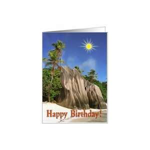  Happy Birthday greeting card, Seychelles beach with sun 
