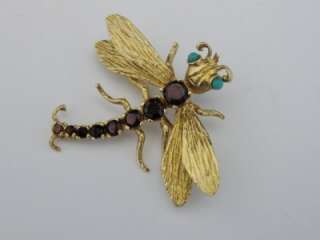   YELLOW GOLD GARNET & PERSIAN TURQUOISE DRAGONFLY PIN   