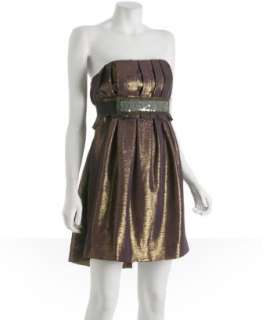 Vera Wang Lavender Label gold metallic strapless pleated dress 