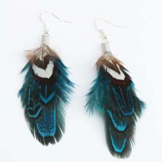 Charming Blue Goose Feather Dangle Earrings Silver Plated  