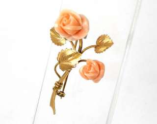 GORGEOUS VINTAGE 18k YELLOW GOLD & CORAL ROSES BROOCH  